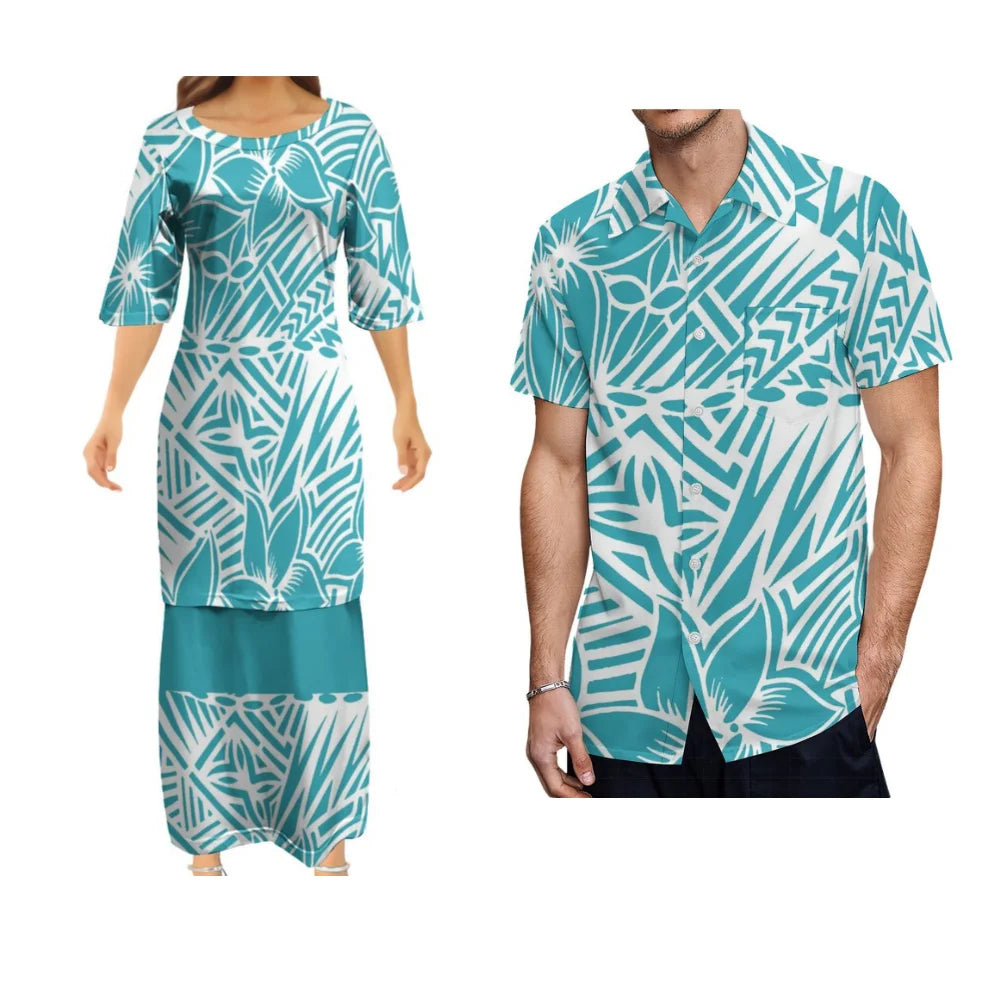 Samoan Dress Polynesian Tribal Tropical Blue Woman Puletasi Suit Dress Hawaiian Man Formal Shirt Summer Couple Set