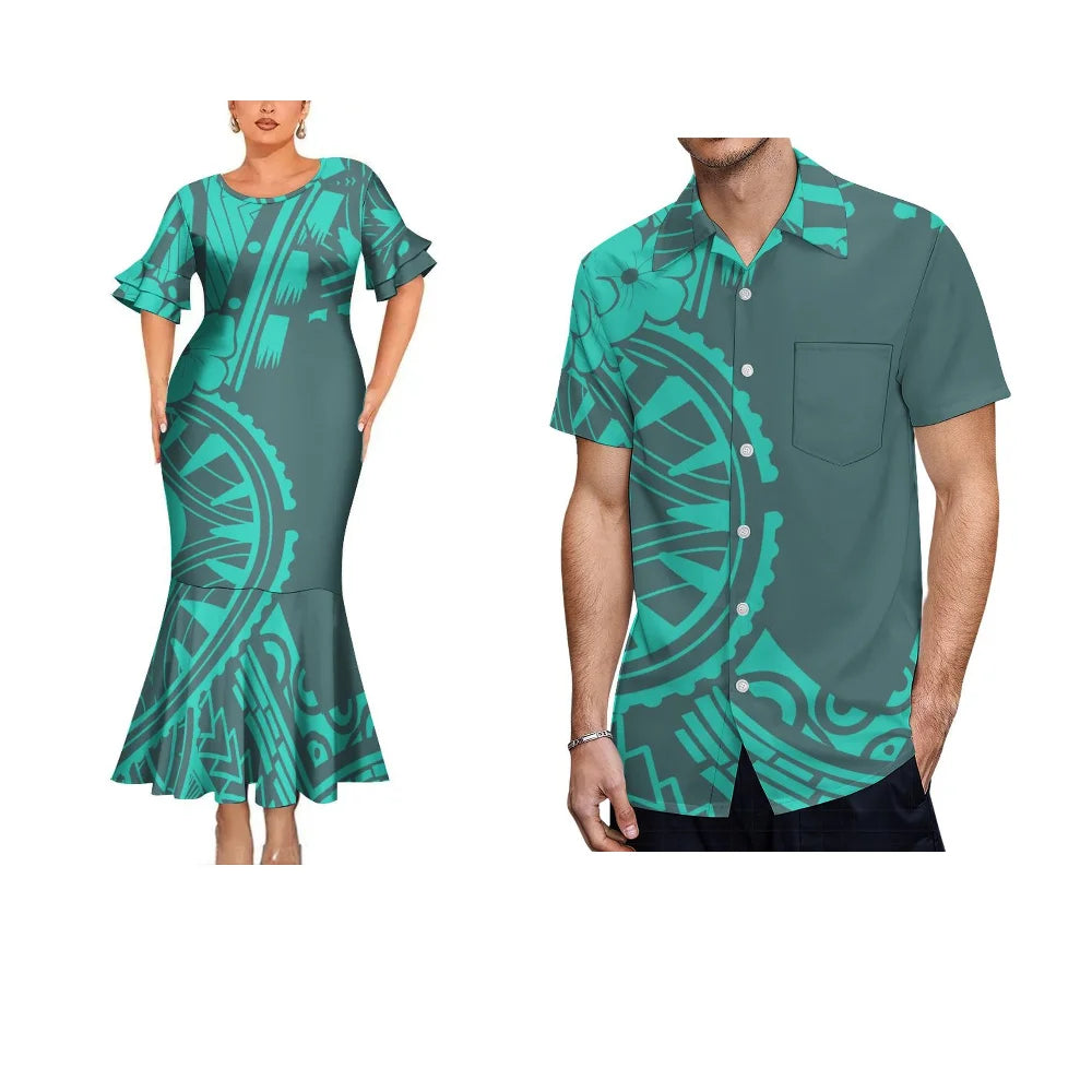 Polynesian Tribal Matching Outfit For Her Him Fishtail Skirt Dress And Hawaiian Shirt Couple Set