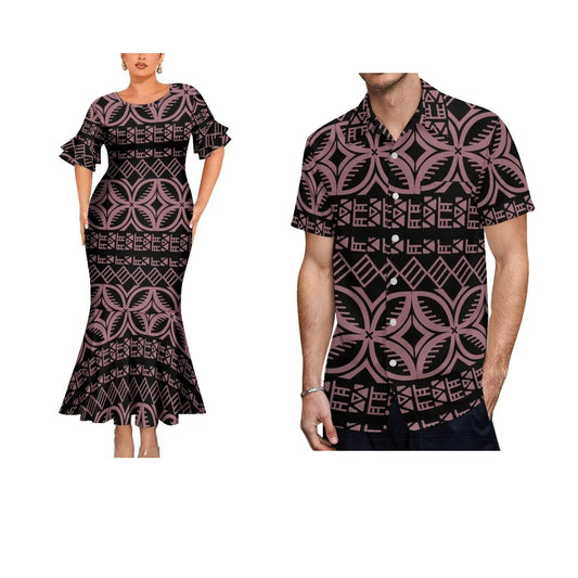 Geometric Pattern Polynesian Tribal Black Matching Outfit For Her Him Fishtail Skirt Dress And Hawaiian Shirt Couple Set
