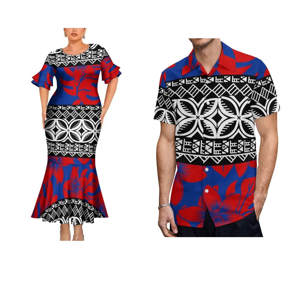 Polynesian Tribal Geometric Matching Outfit For Her Him Fishtail Skirt Dress And Hawaiian Shirt Couple Set