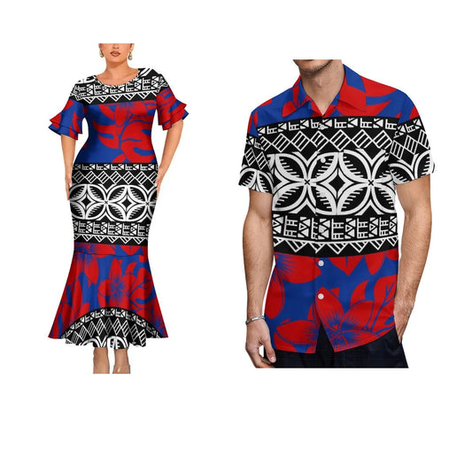 Polynesian Tribal Geometric Matching Outfit For Her Him Fishtail Skirt Dress And Hawaiian Shirt Couple Set