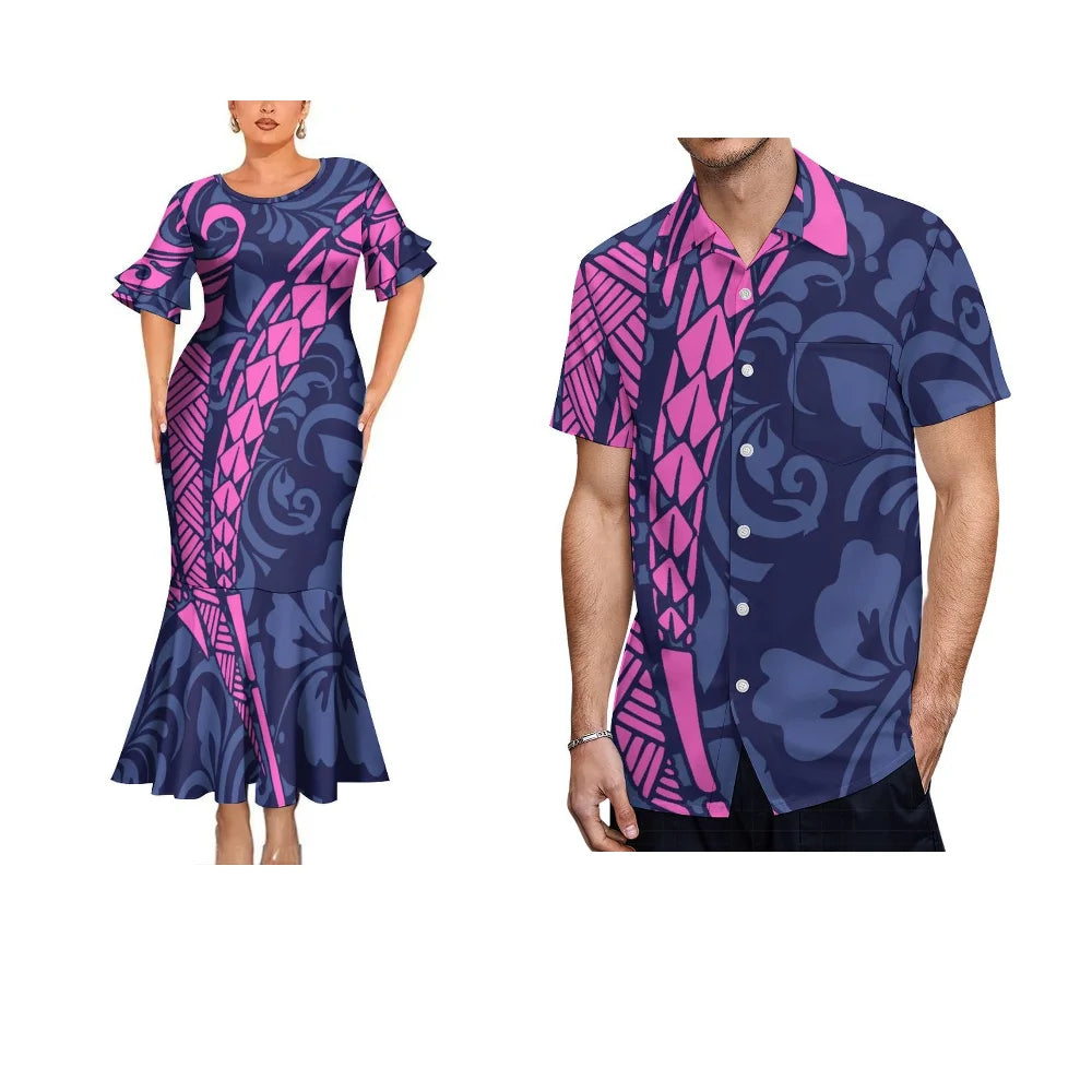 Polynesian Tribal Matching Outfit For Her Him Fishtail Skirt Dress And Hawaiian Shirt Couple Set