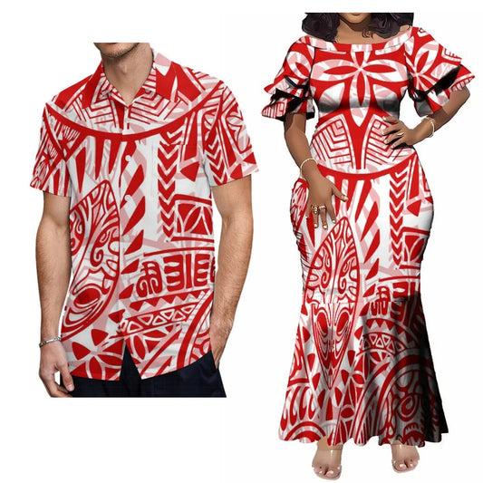 Polynesian Tribal Island Pattern Red Matching Outfit For Couple Traditional Women's Short-Sleeved Mermaid Long Dress Men Hawaii Shirt