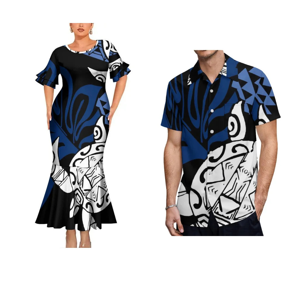 Summer Polynesian Matching Outfit For Coupler Polynesian Tribal Pattern Fishtail Dress And Hawaiian Shirt
