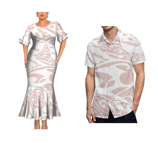 Summer Polynesian White Matching Outfit For Coupler Polynesian Tribal Pattern Fishtail Dress And Hawaiian Shirt