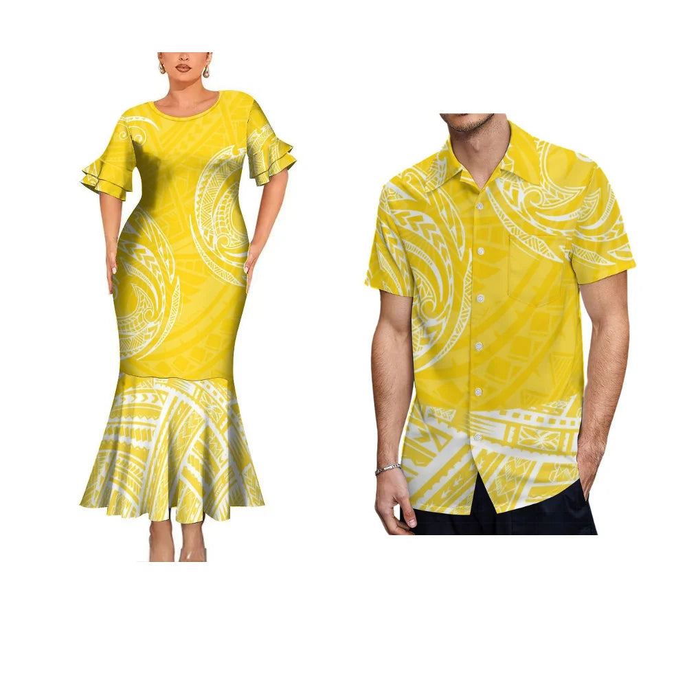 Summer Polynesian Yellow Matching Outfit For Coupler Polynesian Tribal Pattern Fishtail Dress And Hawaiian Shirt