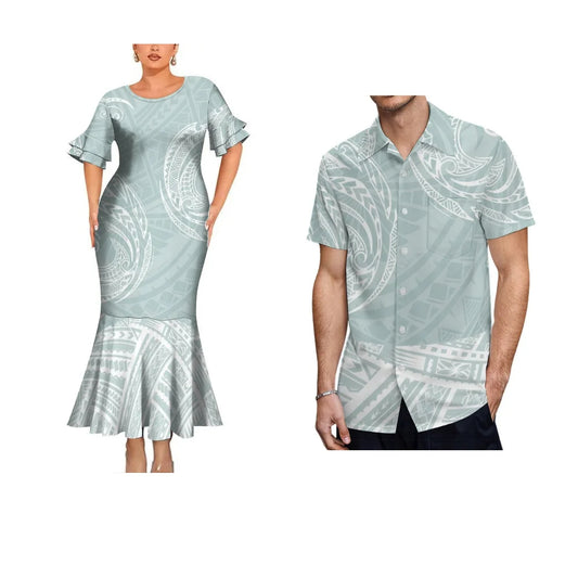 Summer Polynesian Traditional Matching Outfit For Coupler Polynesian Tribal Pattern Fishtail Dress And Hawaiian Shirt