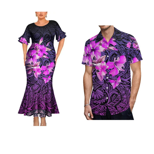 Summer Polynesian Matching Outfit For Coupler Flowers Polynesian Tribal Pattern Fishtail Dress And Hawaiian Shirt