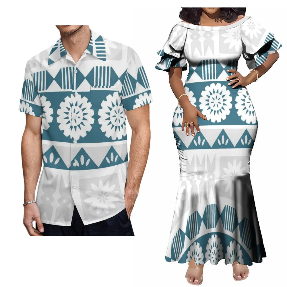 Polynesian Tribal Island White Matching Outfit For Couple Traditional Women's Short-Sleeved Mermaid Long Dress Men Hawaii Shirt