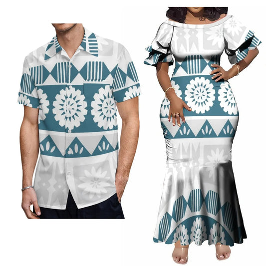 Polynesian Tribal Island White Matching Outfit For Couple Traditional Women's Short-Sleeved Mermaid Long Dress Men Hawaii Shirt