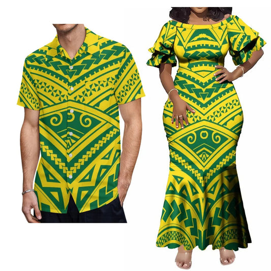 Polynesian Tribal Island Green Matching Outfit For Couple Traditional Women's Short-Sleeved Mermaid Long Dress Men Hawaii Shirt