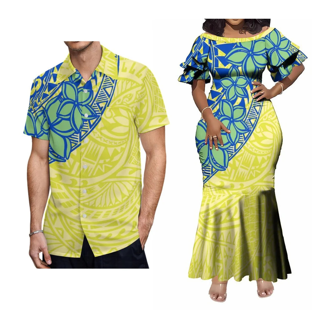 Polynesian Tribal Samoan Flowers Pattern Yellow Couple Set For Her Him Tropical Short-Sleeved Fishtail Dress And Hawaiian Shirt