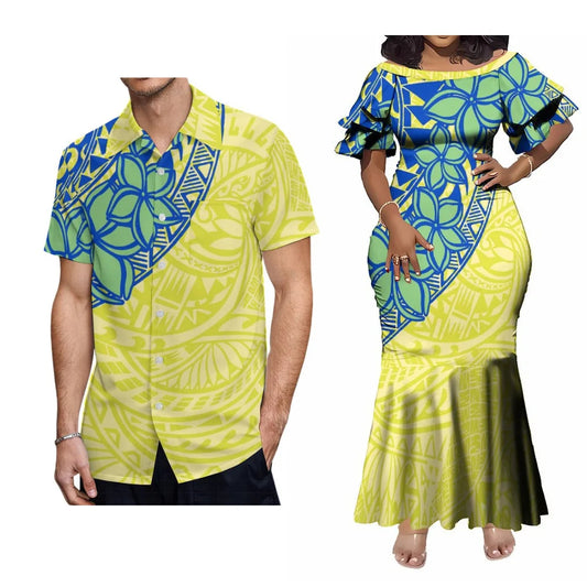 Polynesian Tribal Samoan Flowers Pattern Yellow Couple Set For Her Him Tropical Short-Sleeved Fishtail Dress And Hawaiian Shirt