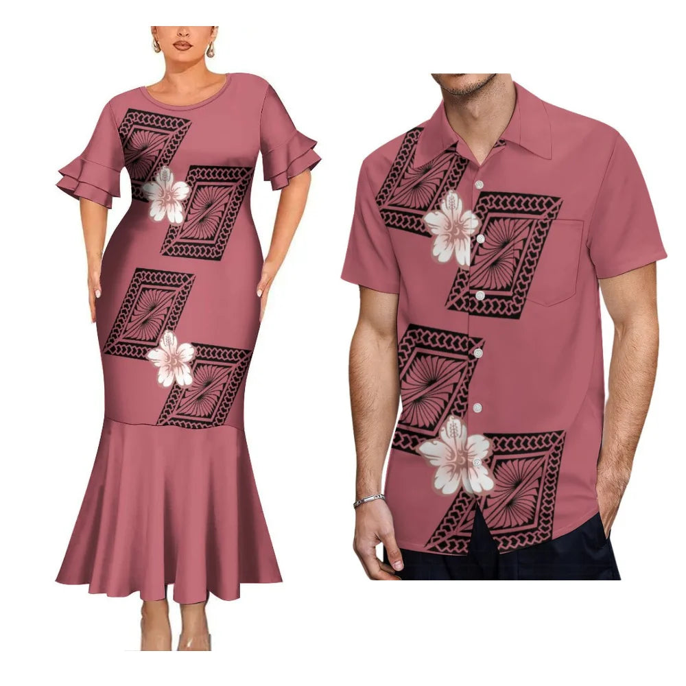 Polynesian Flowers Pattern Traditional Matching Outfit For Coupler Party Island Fishtail Dress And Hawaiian Shirt For Him Her