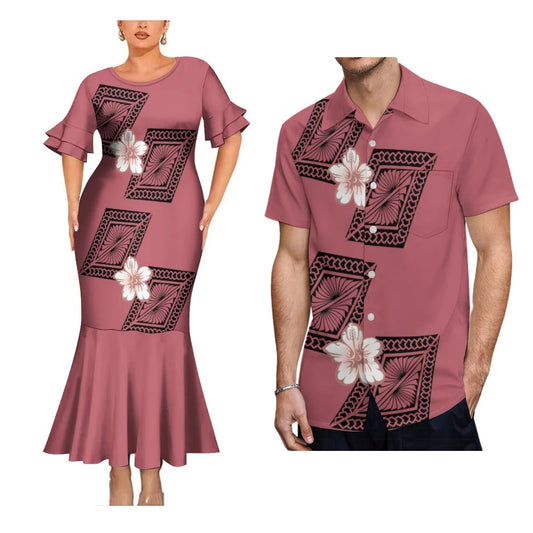 Polynesian Flowers Pattern Traditional Matching Outfit For Coupler Party Island Fishtail Dress And Hawaiian Shirt For Him Her