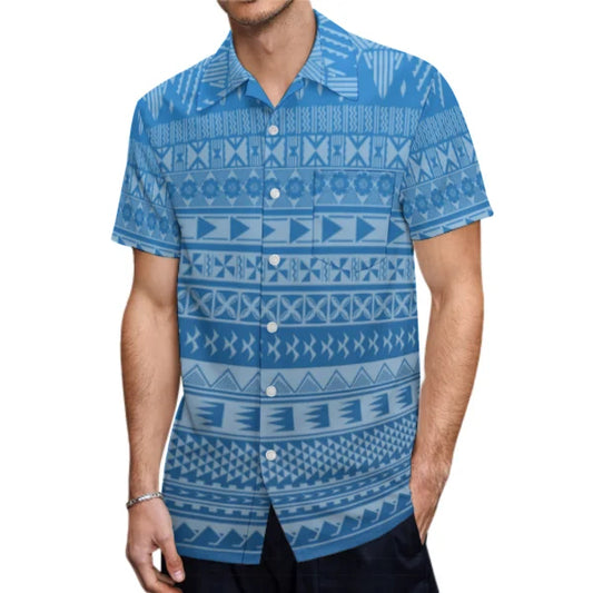 Blue Polynesian Pattern Party Matching Outfit For Couple Clothing Tropical Fishtail Dress And Hawaiian Shirt