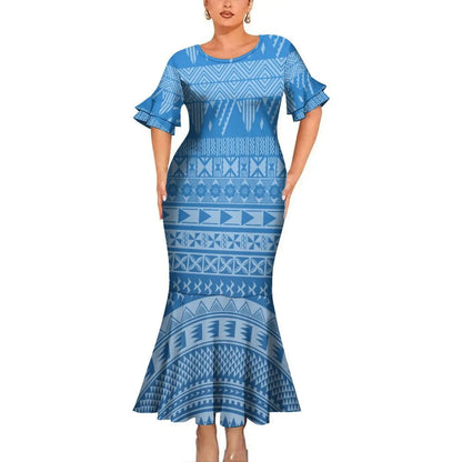 Blue Polynesian Pattern Party Matching Outfit For Couple Clothing Tropical Fishtail Dress And Hawaiian Shirt