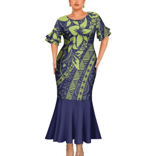 Polynesian Printed Blue Matching Outfit For Couple Clothing Tropical Fishtail Dress And Shirt For Her Him