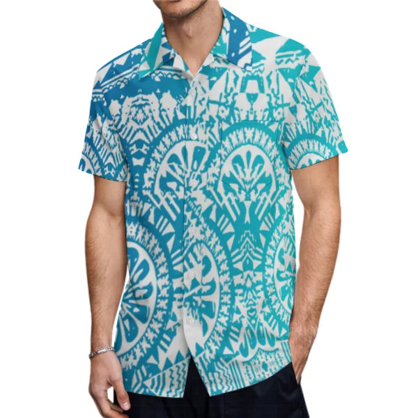Tropical Island Pattern Polynesian Tribal Blue Outfit For Couple Fishtail Skirt Dress And Hawaiian Shirt
