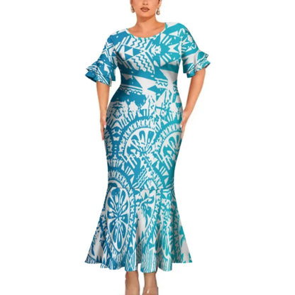 Tropical Island Pattern Polynesian Tribal Blue Outfit For Couple Fishtail Skirt Dress And Hawaiian Shirt