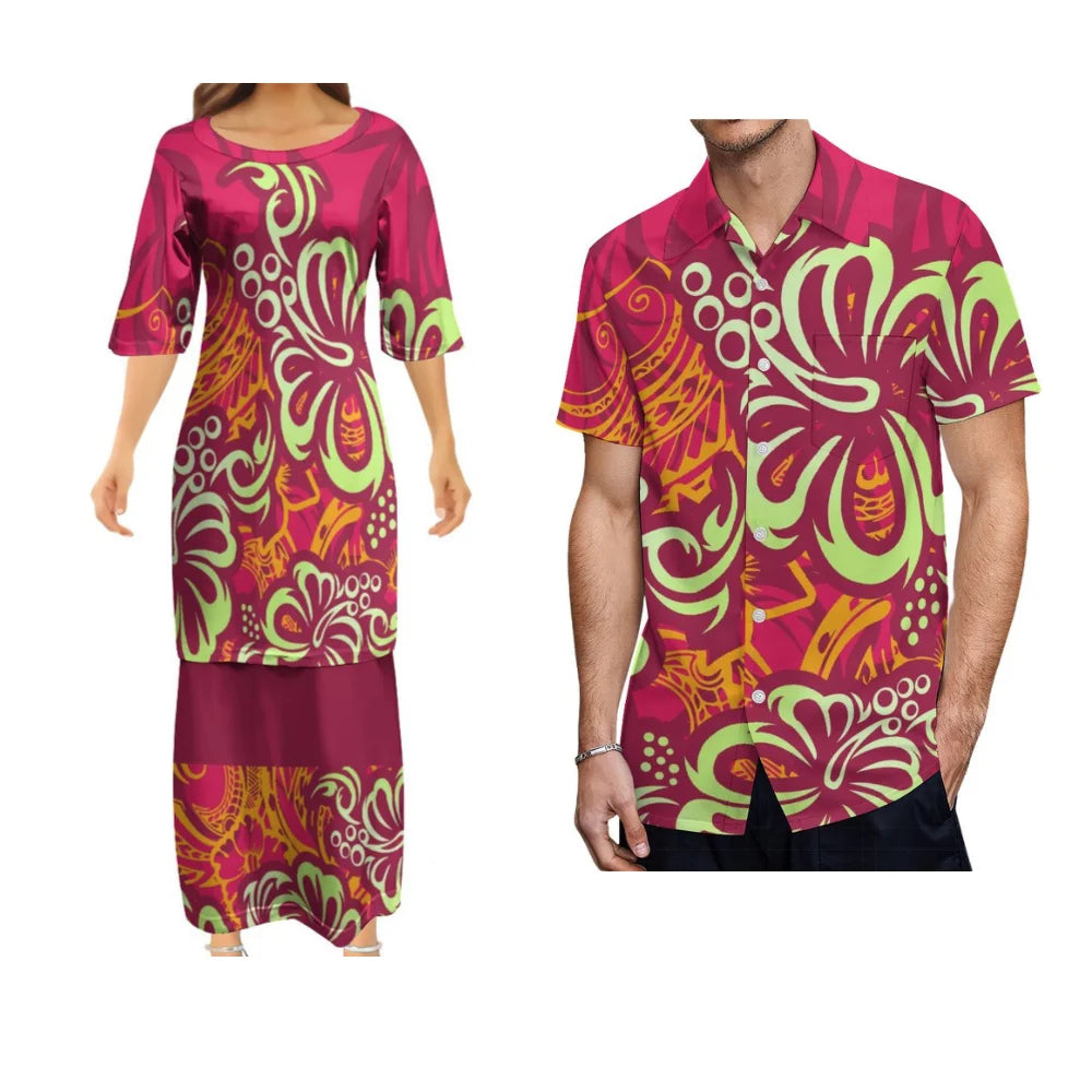 Samoan Dress Polynesian Tribal Flowers Red Woman Puletasi Suit Dress Hawaiian Man Formal Shirt Summer Couple Set