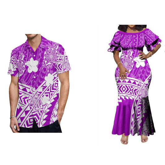Polynesian Tribal Purple Matching Outfit For Him Her Women'S Short-Sleeved Mermaid Dress Men Hawaiian Shirt Couple Set