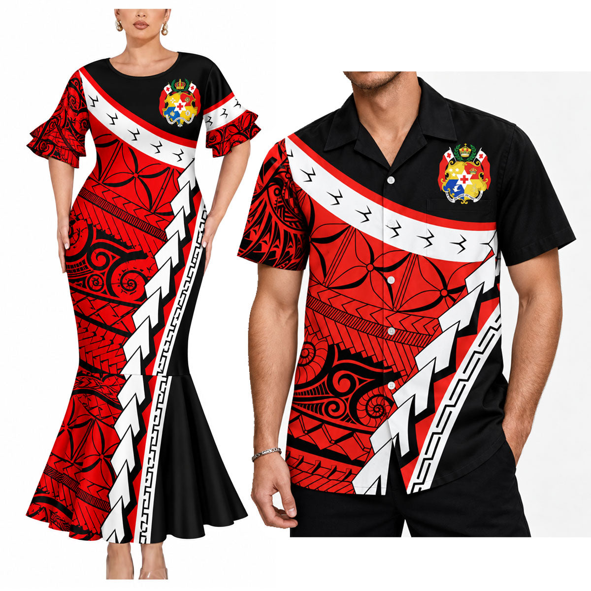 Tonga Coat Of Arms Matching Outfit Tonga Pattern Mermaid Dress And Shirt
