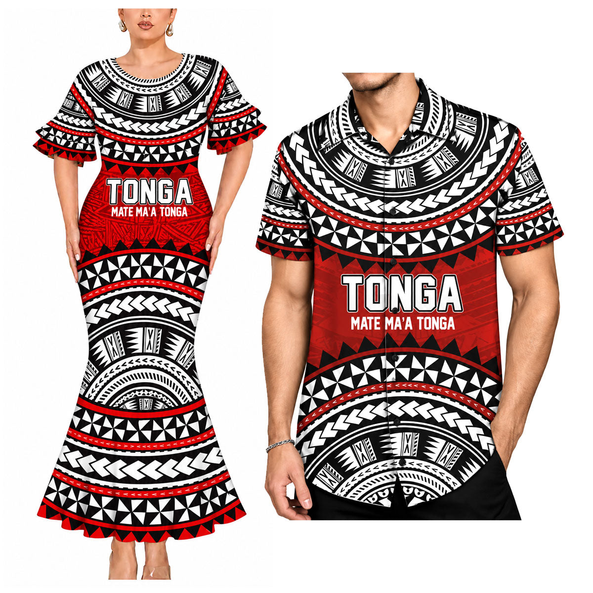 Tonga Coat Of Arms Matching Outfit Tonga Polynesian Tribal Pattern Mermaid Dress And Shirt
