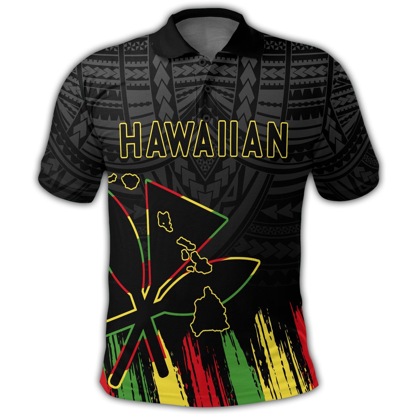 Personalized Hawaiian Map Kanaka Flag Brush Polo Shirt Black - Throne Style