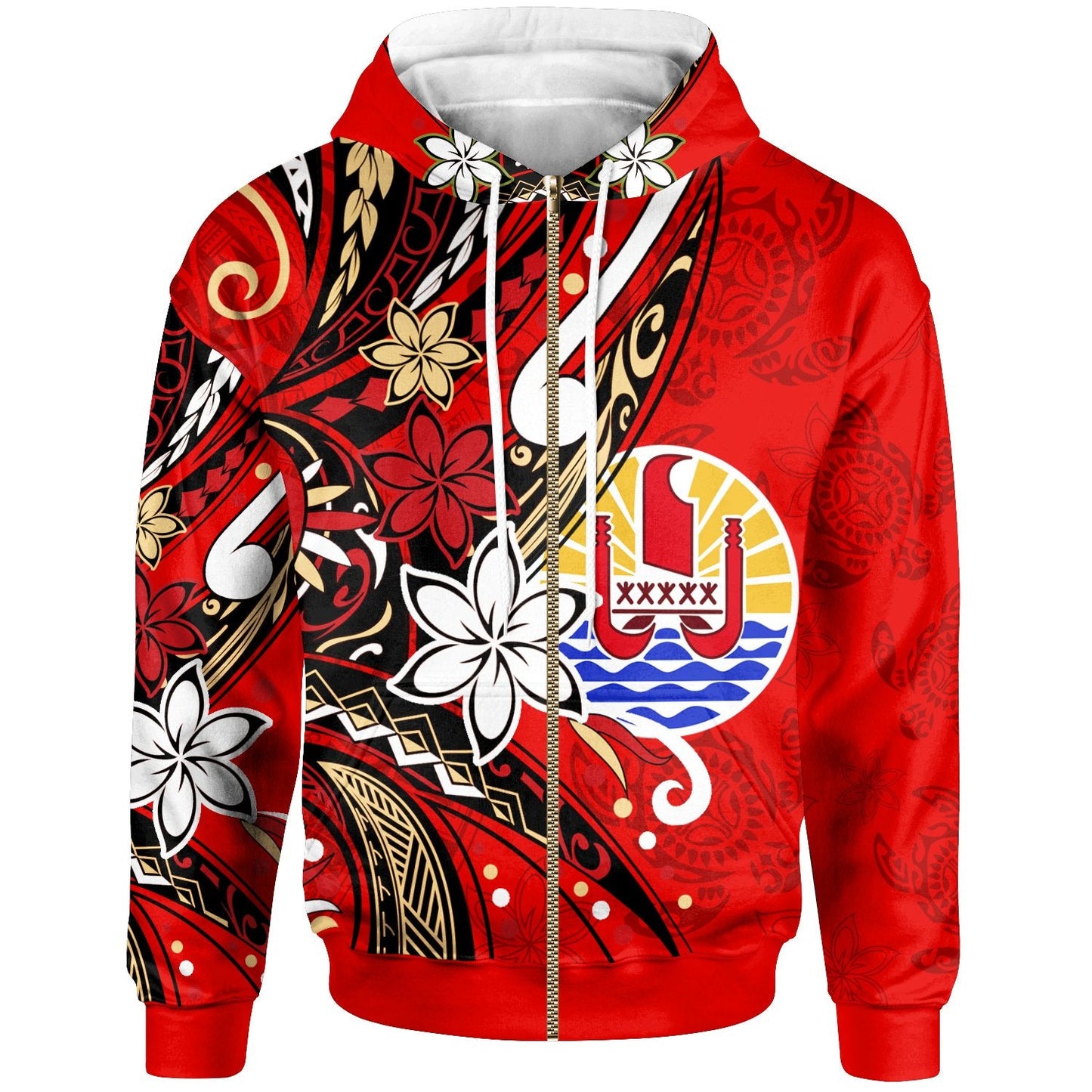 Tahiti Zip Hoodie Tribal Flower With Special Turtles Red Color