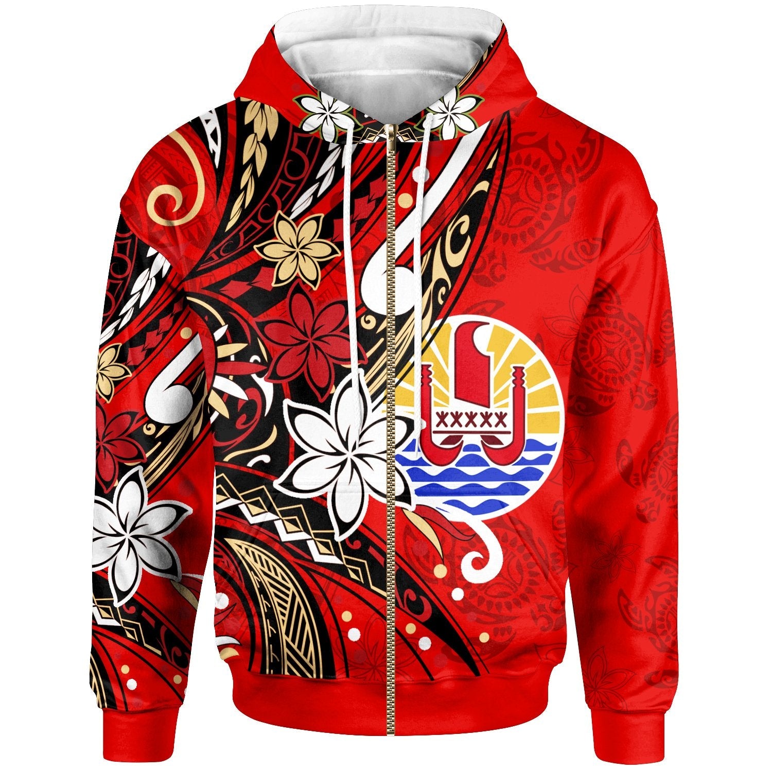 Tahiti Zip Hoodie Tribal Flower With Special Turtles Red Color