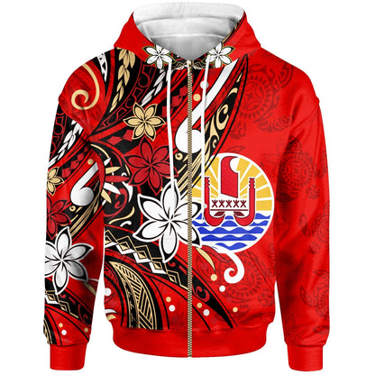 Tahiti Zip Hoodie Tribal Flower With Special Turtles Red Color