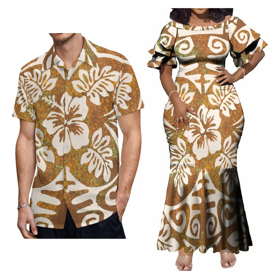 Polynesian Samoa Matching Outfit For Couple Ethnic Flowers Women's Short-Sleeved Mermaid Dress Hawaiian Shirt