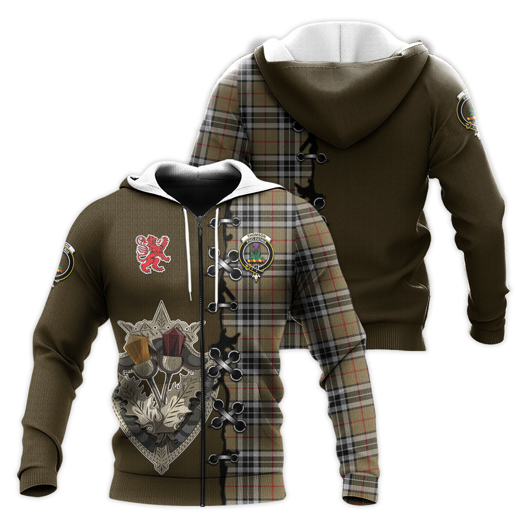 Printivon Thomson Camel Tartan Hoodie Lion Rampant And Celtic Thistle Style