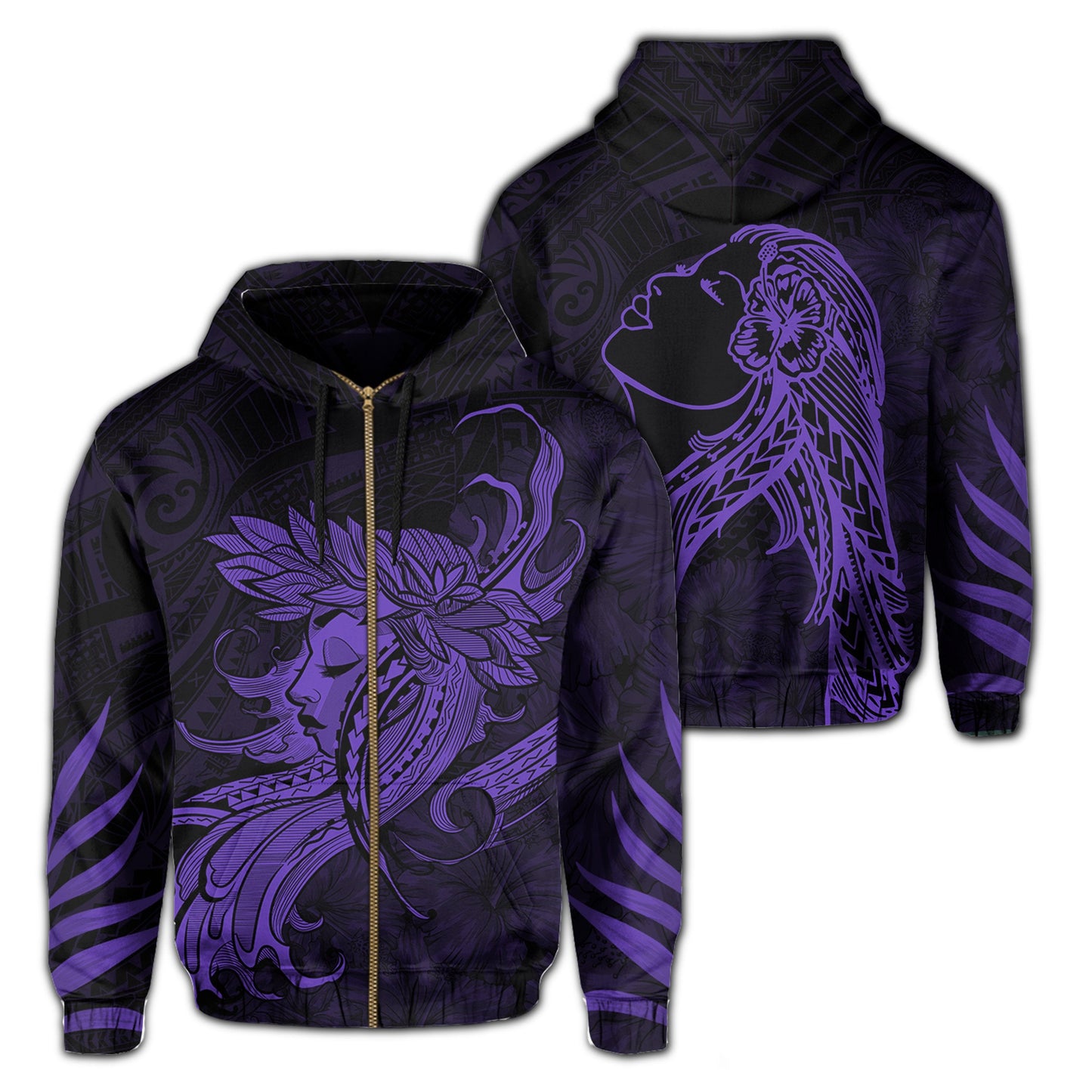 Polynesian Tropic Hula Girl Hibiscus Hawaii Zip Hoodie Purple