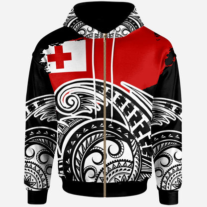 Tonga Hoodie Polynesian Ethnic Style With Round Black White Pattern Zip Hoodie