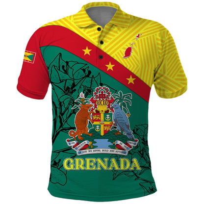 Custom Grenada Polo Shirt Coat Of Arms With Bougainvillea Flowers