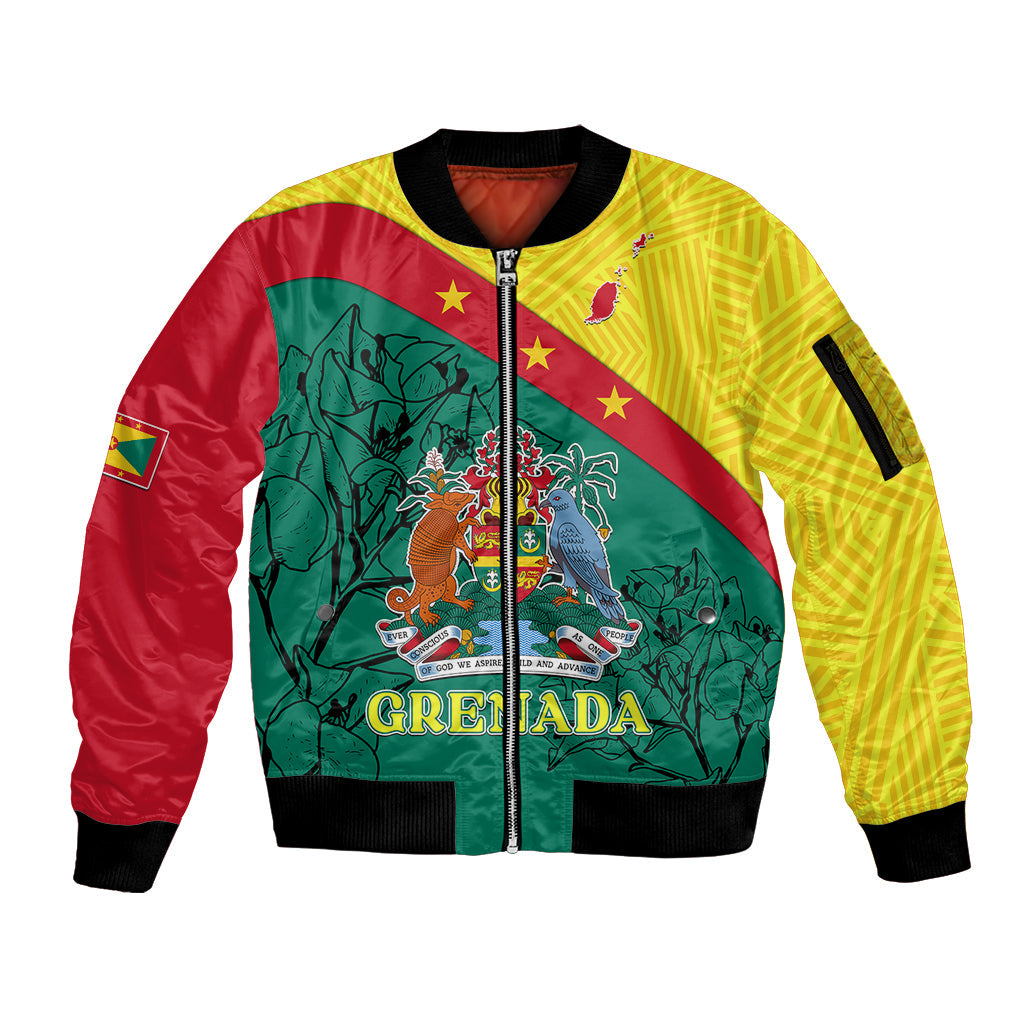 Grenada Sleeve Zip Bomber Jacket Coat Of Arms With Bougainvillea Flowers