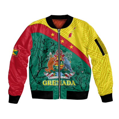 Grenada Sleeve Zip Bomber Jacket Coat Of Arms With Bougainvillea Flowers