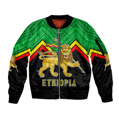 Ethiopia Sleeve Zip Bomber Jacket Coat Of Arms With Hand Drawn Pattern Ts06