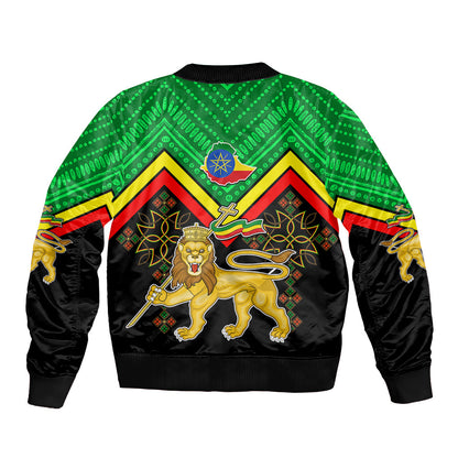Ethiopia Sleeve Zip Bomber Jacket Coat Of Arms With Hand Drawn Pattern Ts06