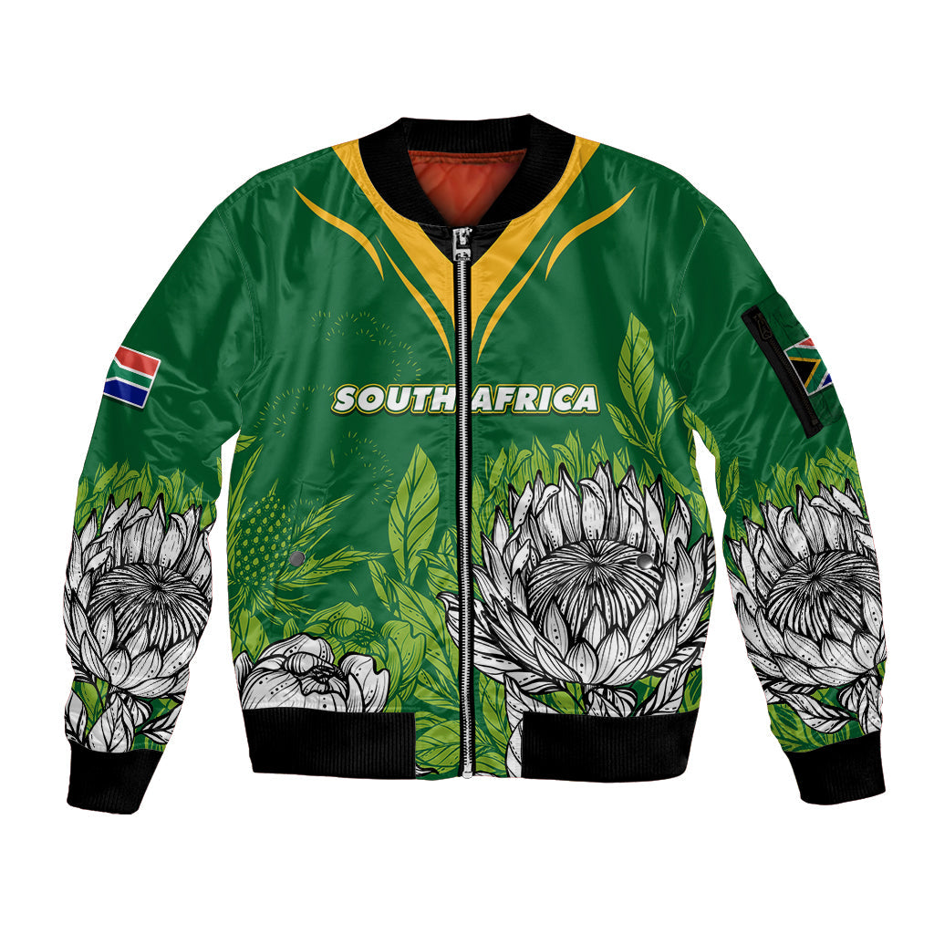 Personalised South Africa Sleeve Zip Bomber Jacket King Protea With Flag TS06