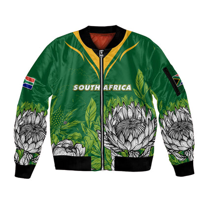 South Africa Sleeve Zip Bomber Jacket King Protea With Flag TS06