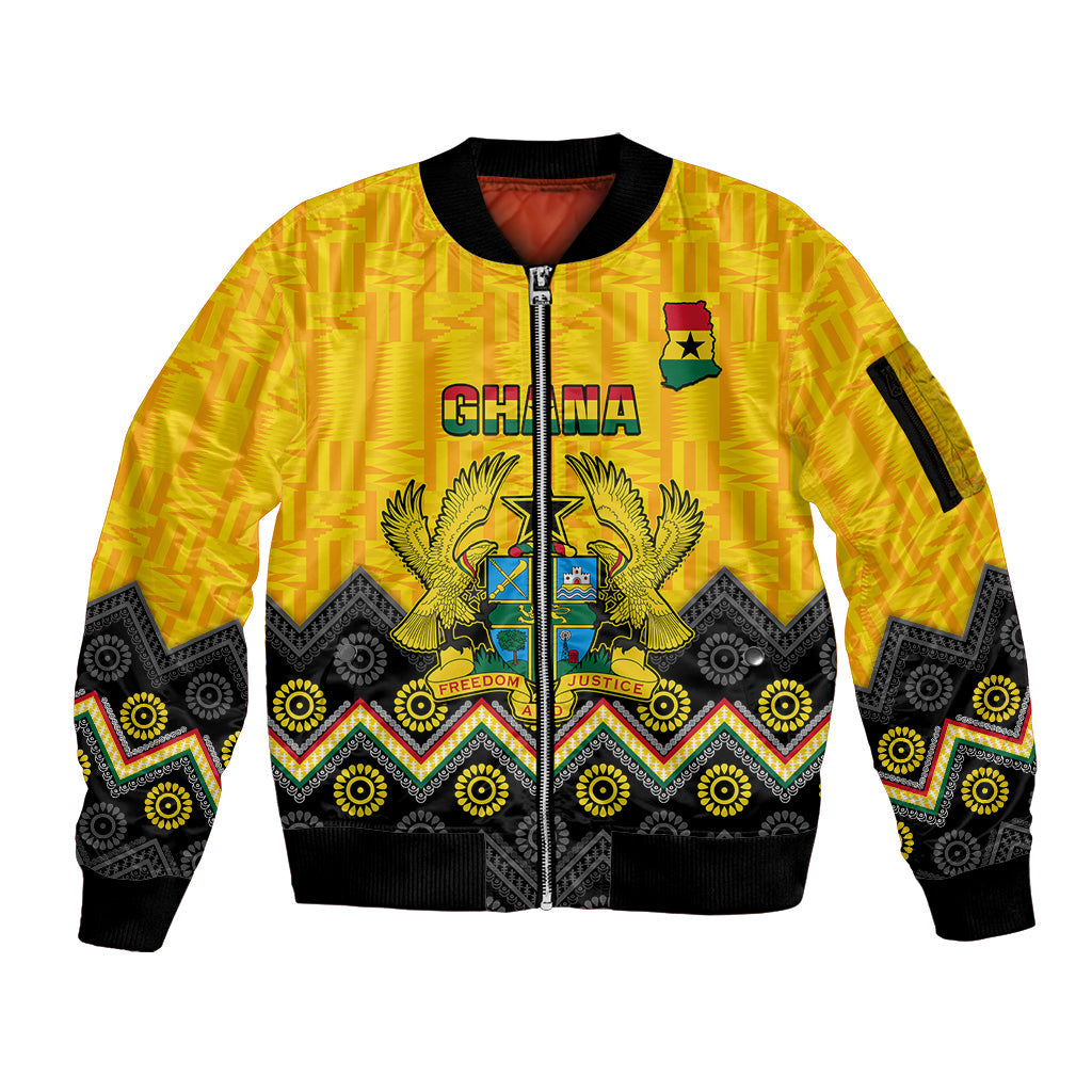 Personalised Ghana Sleeve Zip Bomber Jacket Kente Pattern And Adinkra Pattern Mix Coat Of Arms