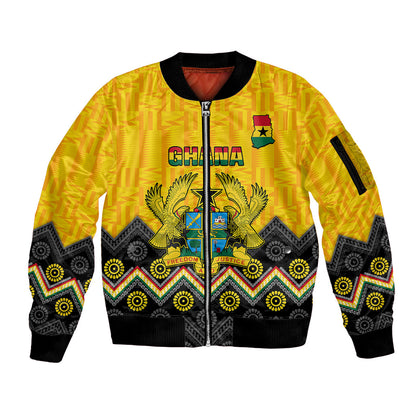 Ghana Sleeve Zip Bomber Jacket Kente Pattern And Adinkra Pattern Mix Coat Of Arms