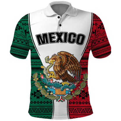 Mexico Polo Shirt Coat Of Arms With Mexican Aztec Pattern