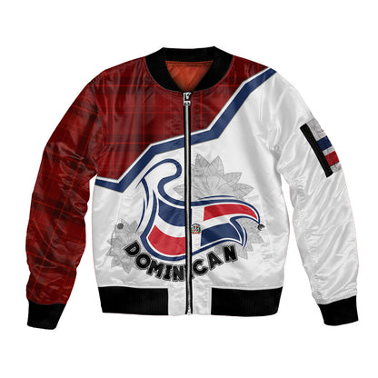 Personlised Dominican Republic Sleeve Zip Bomber Jacket Dominicana Plaid Pattern Mix Coat Of Arms TS06