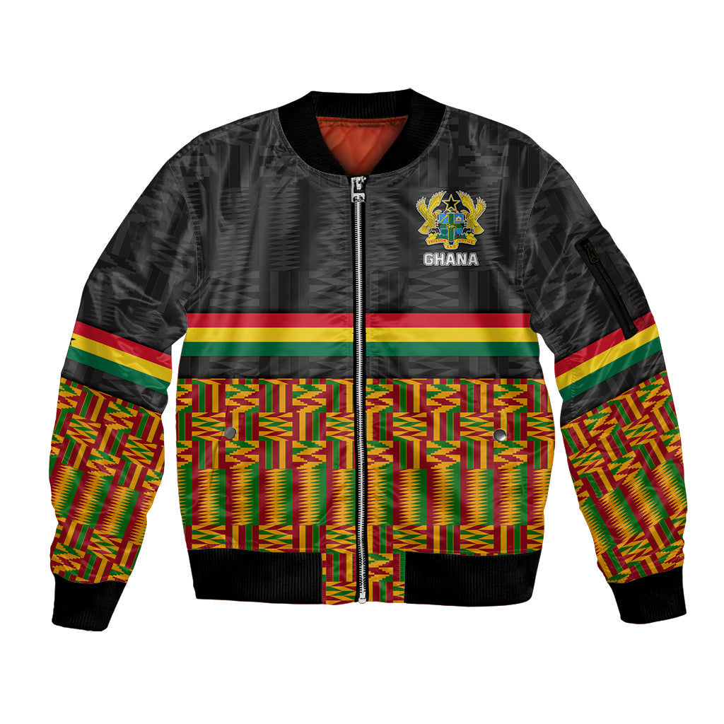 Custom Ghana Sleeve Zip Bomber Jacket Kente Pattern With Coat Of Arms