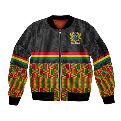 Custom Ghana Sleeve Zip Bomber Jacket Kente Pattern With Coat Of Arms