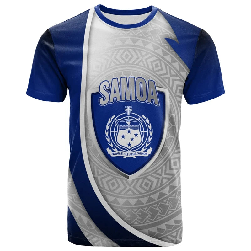 Samoa Coat Of Arms T - Shirt - Island Polynesian Tribal Patterns Samoa Flag Rugby Blue Shirt